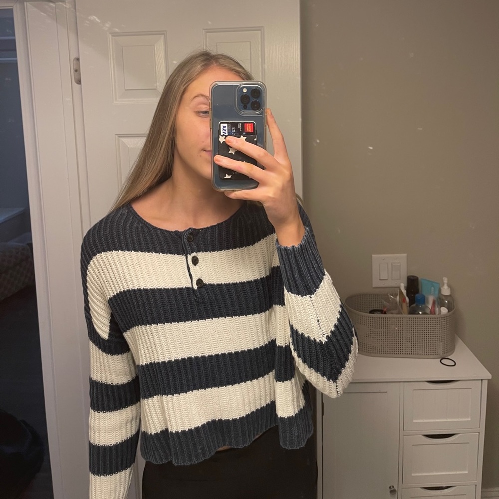 navy and cream striped sweater